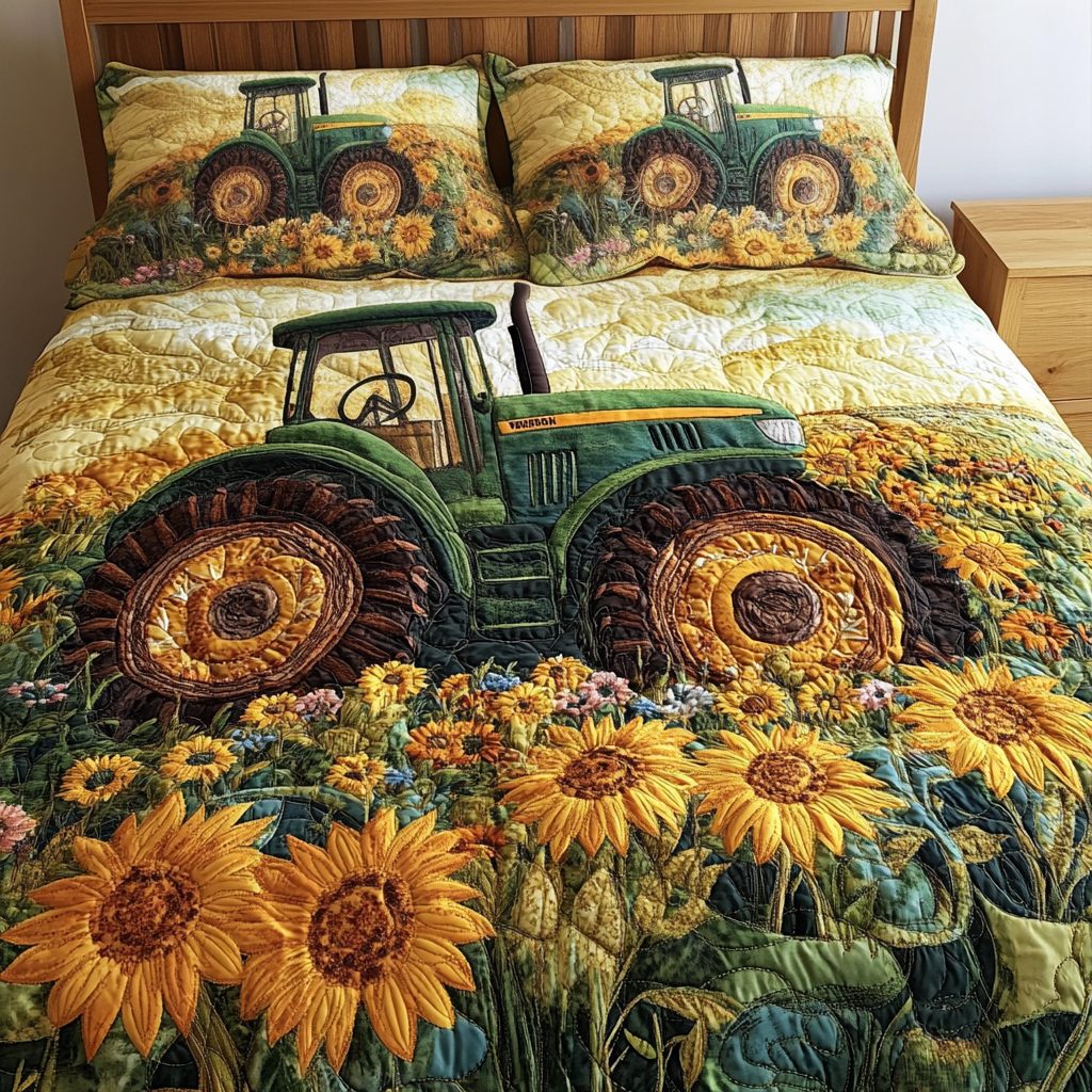 Field Serenity quilted 3-piece bedding set on a made bed with two matching pillow shams