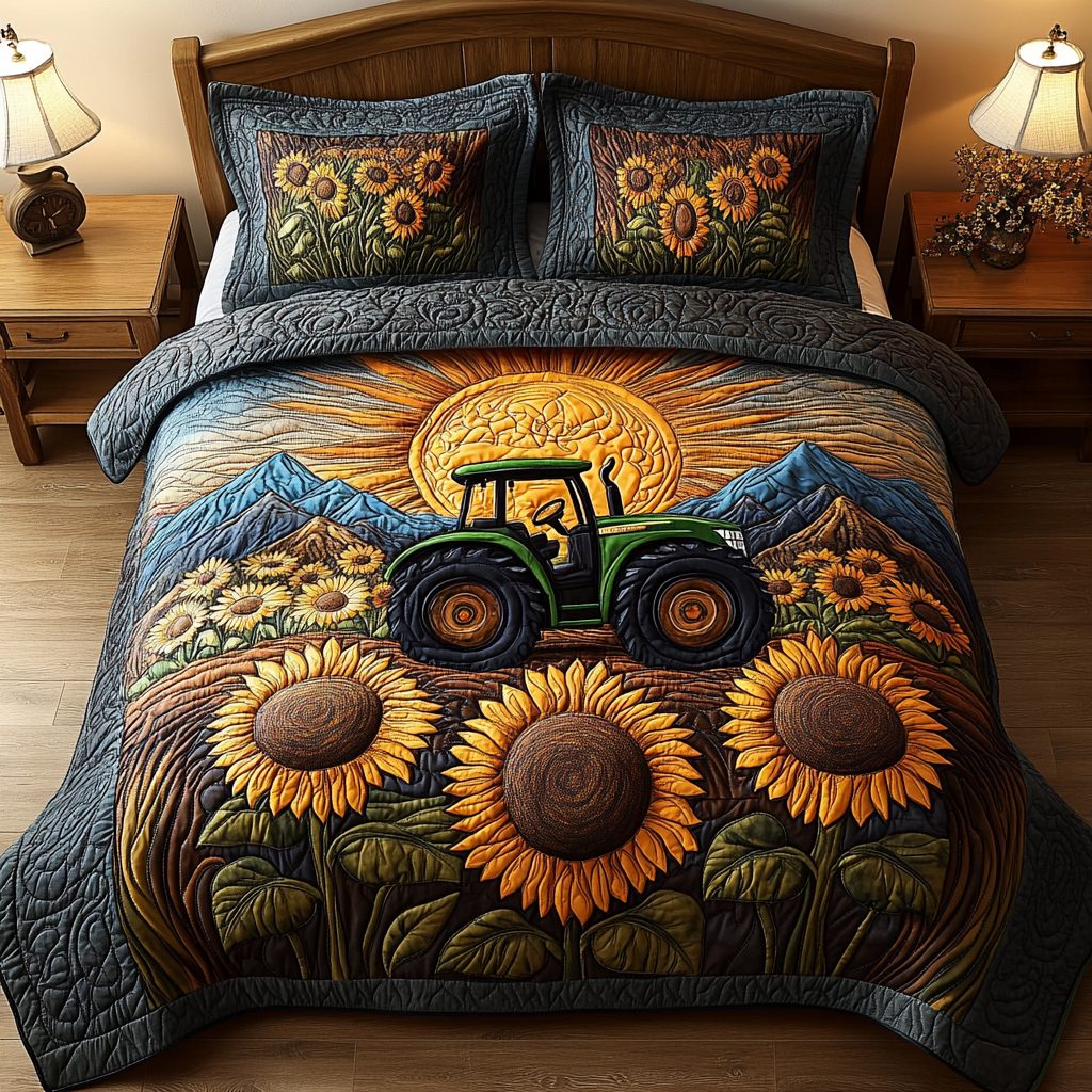 Fields and Furrows quilted 3-piece bedding set on a made bed with two matching pillow shams