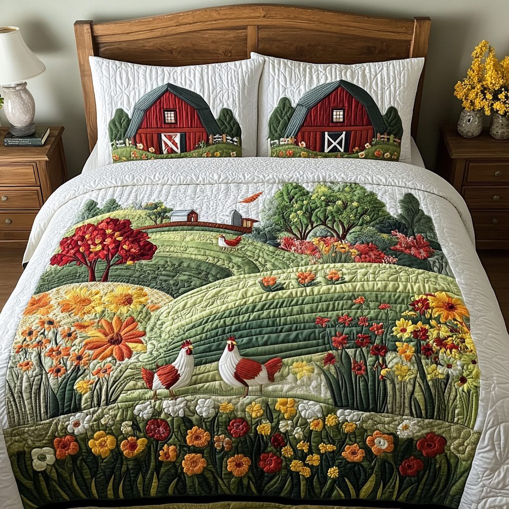 Fields Bloom quilted 3-piece bedding set on a made bed with two matching pillow shams