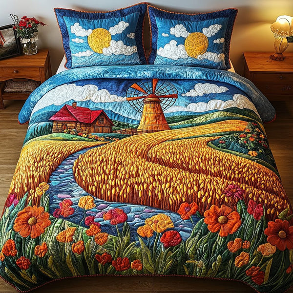 Fields Forever quilted 3-piece bedding set on a made bed with two matching pillow shams