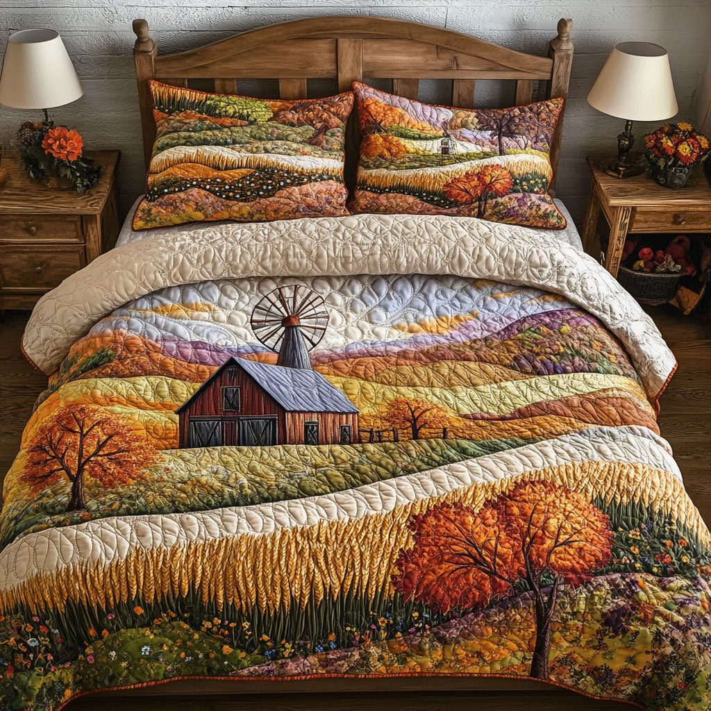 Fields of Amber quilted 3-piece bedding set on a made bed with two matching pillow shams