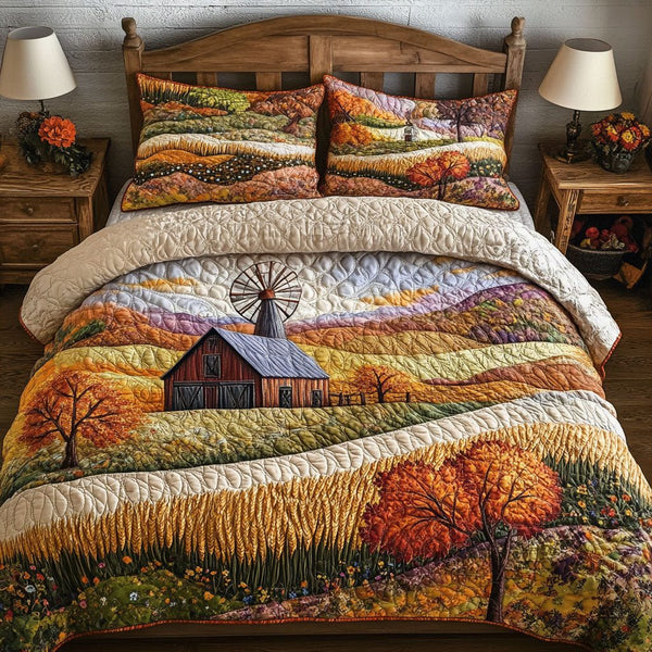 Fields of Amber quilted 3-piece bedding set on a made bed with two matching pillow shams
