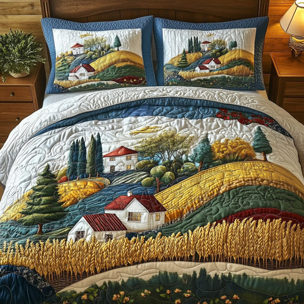 Fields of Bliss quilted 3-piece bedding set on a made bed with two matching pillow shams