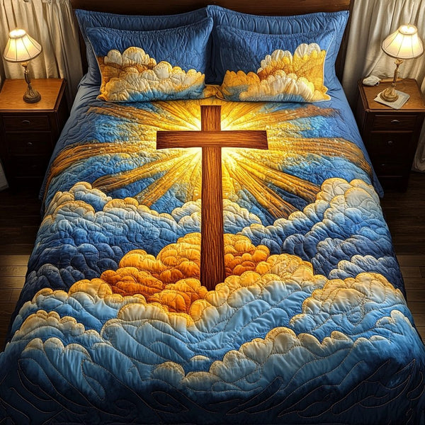 Fields of Faith quilted 3-piece bedding set on a made bed in a softly lit bedroom