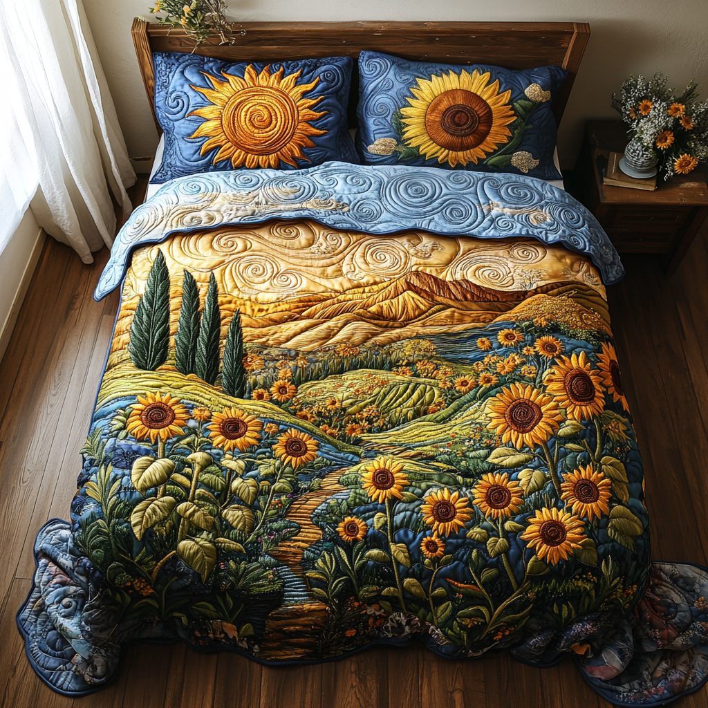 Fields of Gold quilted 3-piece bedding set on a made bed with two matching pillow shams