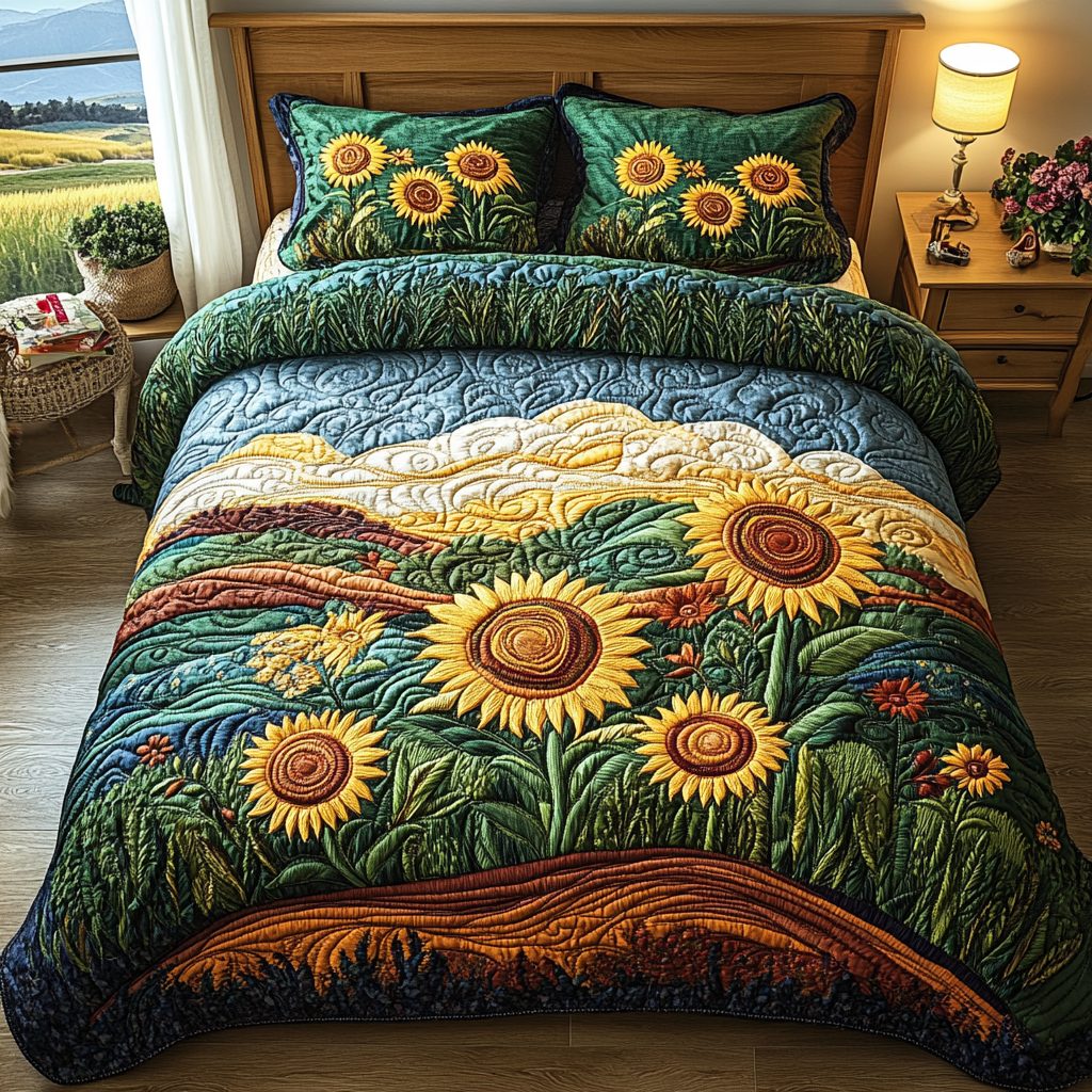 Fields of Gold quilted 3-piece bedding set on a made bed with two matching pillow shams