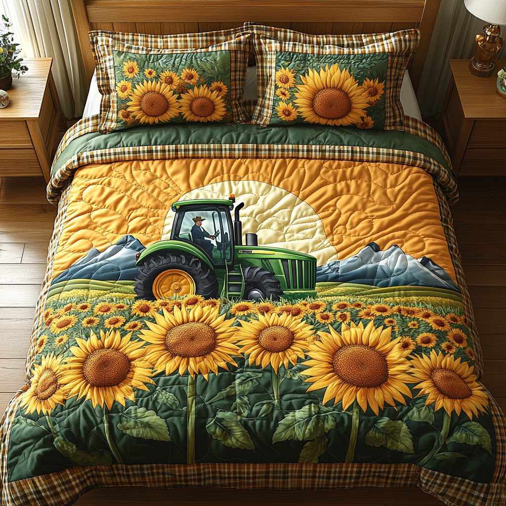 Fields of Gold quilted 3-piece bedding set on a made bed with two matching pillow shams