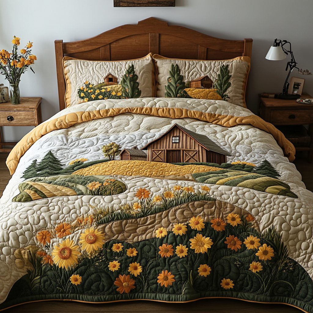 Fields of Gold quilted 3-piece bedding set on a made bed with two matching pillow shams