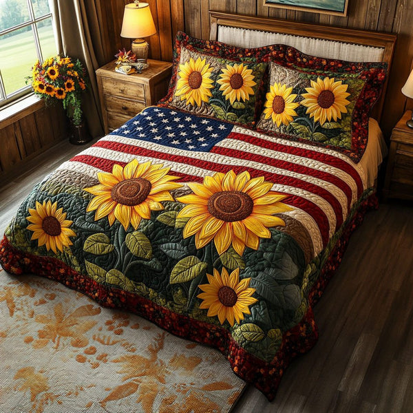 Fields of Gold quilted 3-piece bedding set on a made bed with two matching pillow shams