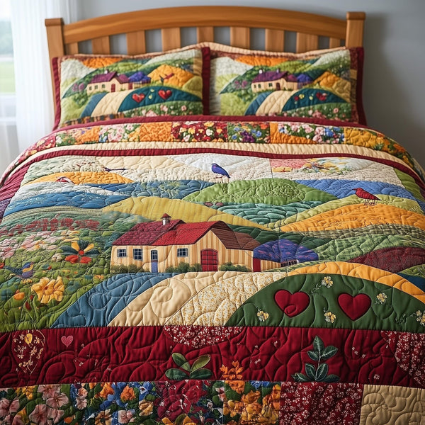 Fields of Harmony quilted 3-piece bedding set on a made bed with two matching pillow shams