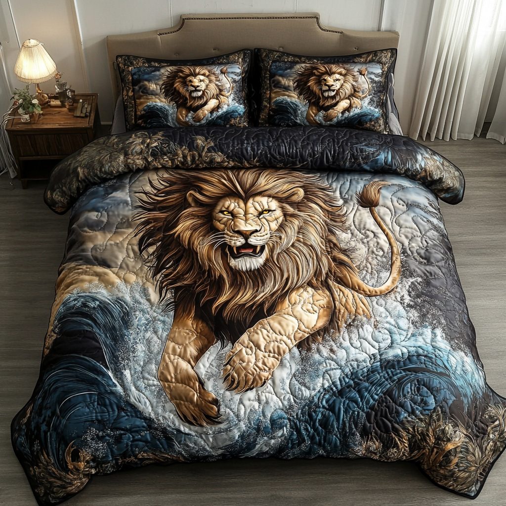 Fierce Comfort quilted 3-piece bedding set on a made bed with two matching pillow shams