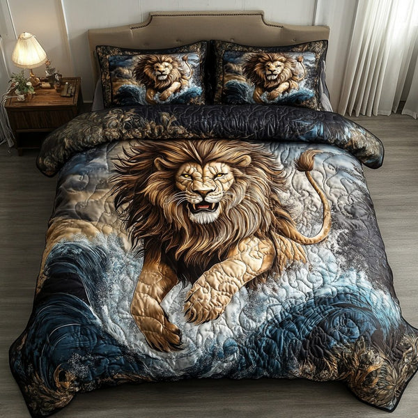 Fierce Comfort quilted 3-piece bedding set on a made bed with two matching pillow shams