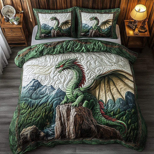 Fierce Dragon quilted 3-piece bedding set on a made bed with two matching pillow shams