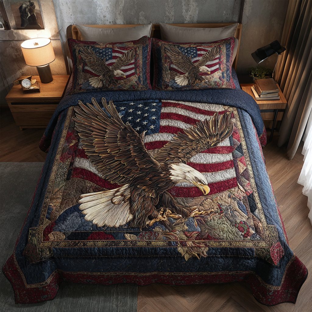Fierce Eagle quilted 3-piece bedding set on a made bed in a warmly lit bedroom