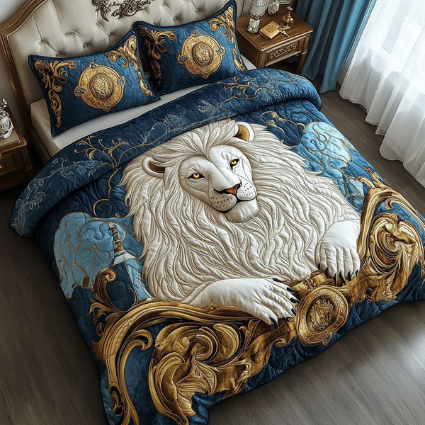 Fierce Guardian quilted 3-piece bedding set on a made bed with two matching pillow shams