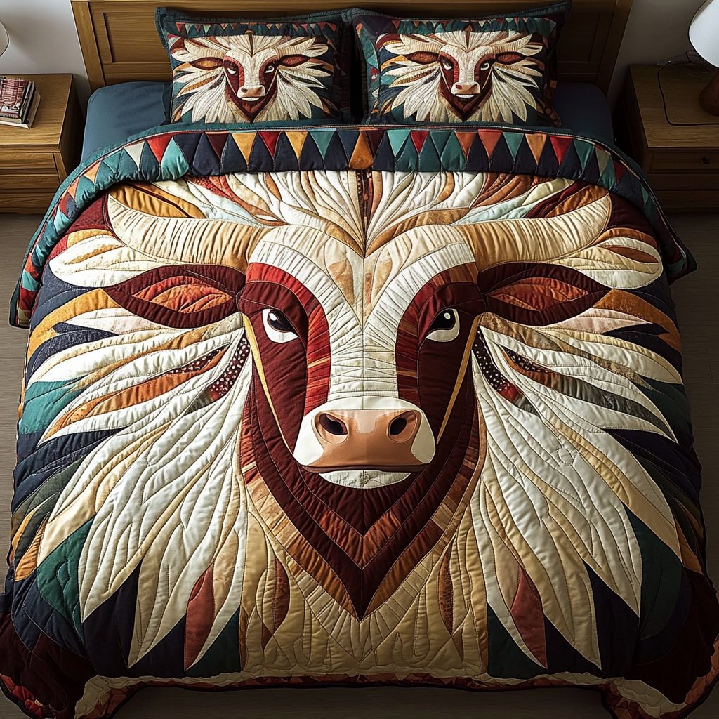 Fierce Spirit quilted 3-piece bedding set on a made bed with two matching pillow shams