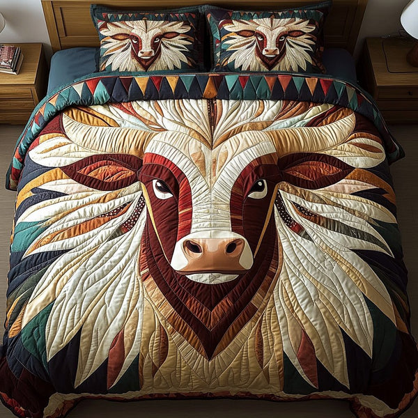 Fierce Spirit quilted 3-piece bedding set on a made bed with two matching pillow shams