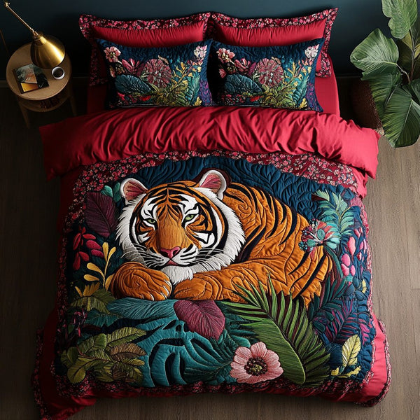 Fierce Tiger quilted 3-piece bedding set on a made bed with two matching pillow shams