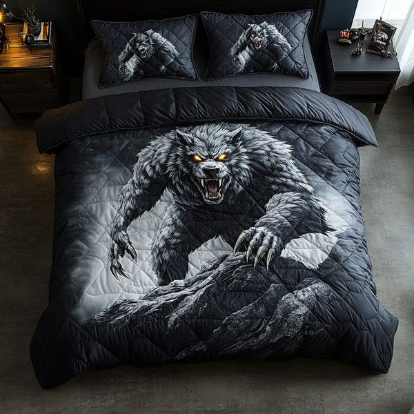 Fierce Werewolf quilted 3-piece bedding set on a made bed with two matching pillow shams