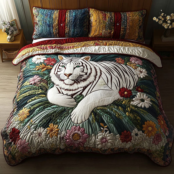 Fierce White Tiger quilted 3-piece bedding set on a made bed with two matching pillow shams