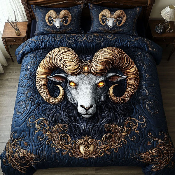 Fiery Aries quilted 3-piece bedding set on a made bed with two matching pillow shams