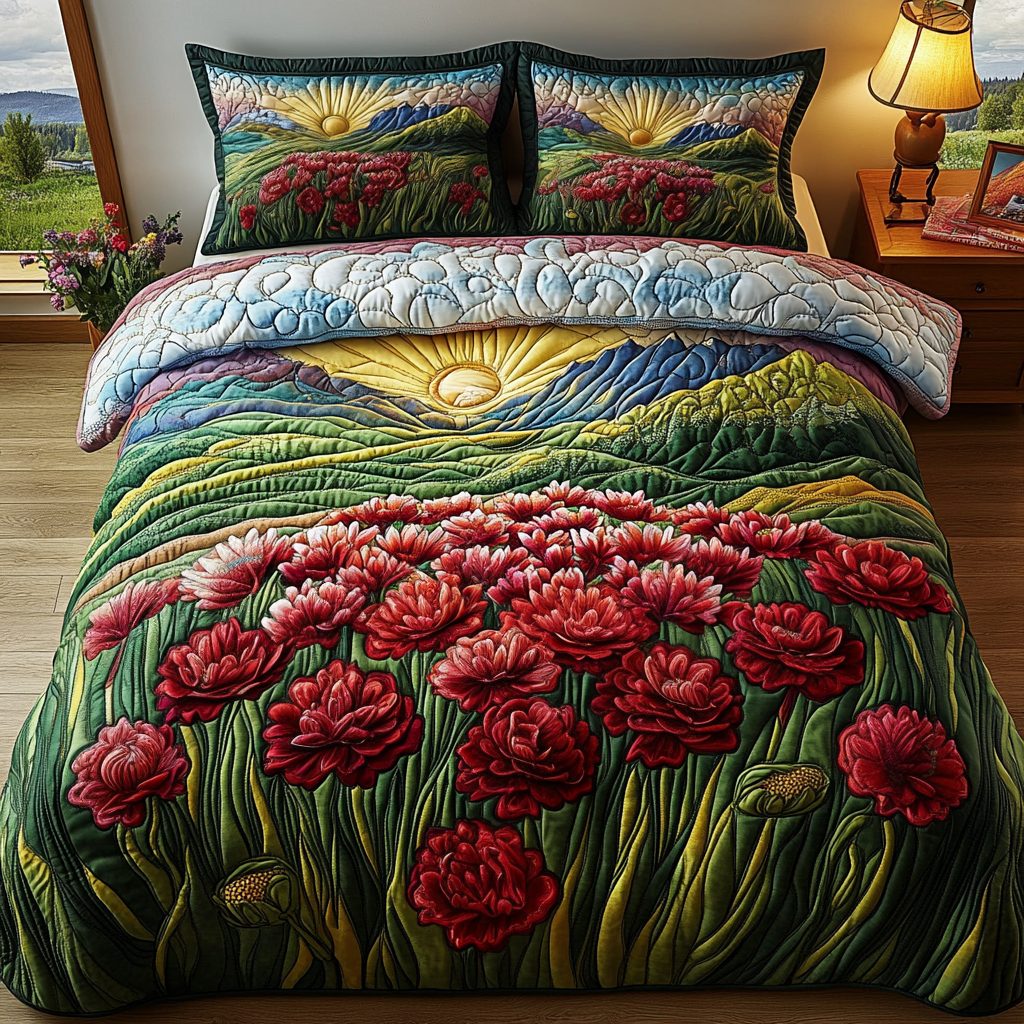 Fiery Carnation quilted 3-piece bedding set on a made bed with two matching pillow shams