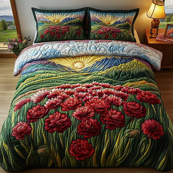 Fiery Carnation quilted 3-piece bedding set on a made bed with two matching pillow shams