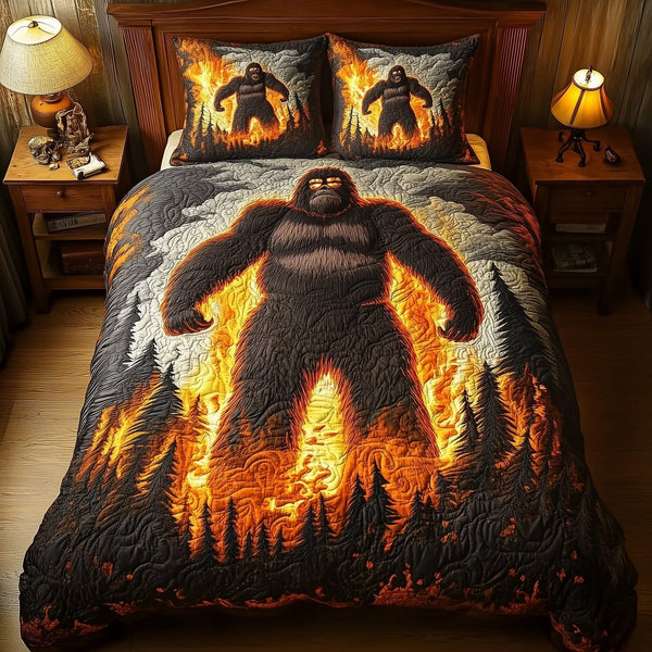 Fiery Flames quilted 3-piece bedding set on a made bed with two matching pillow shams