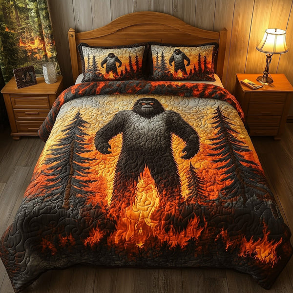 Fiery Flames quilted 3-piece bedding set on a made bed with two matching pillow shams