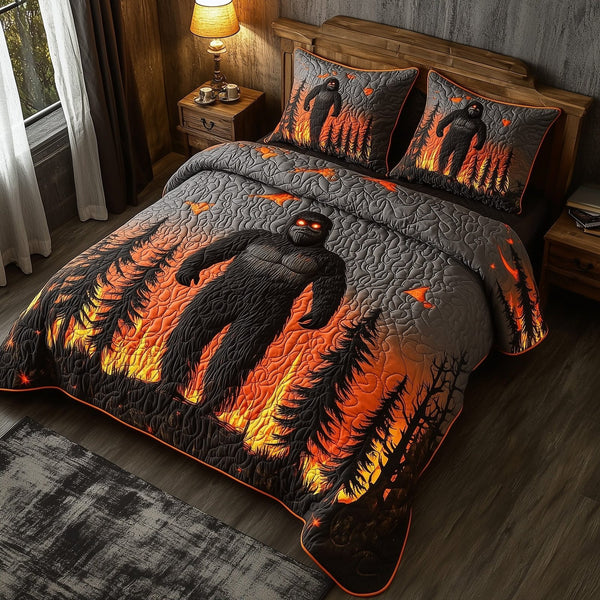 Fiery Flames quilted 3-piece bedding set on a made bed with two matching pillow shams