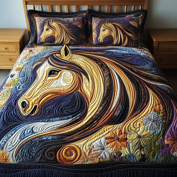 Fiery Freedom quilted 3-piece bedding set on a made bed in a warmly lit bedroom