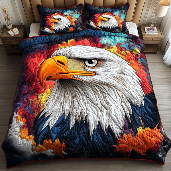 Fiery Gaze quilted 3-piece bedding set on a made bed with two matching pillow shams