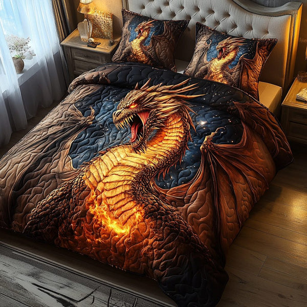 Fiery Majesty quilted 3-piece bedding set on a made bed with two matching pillow shams