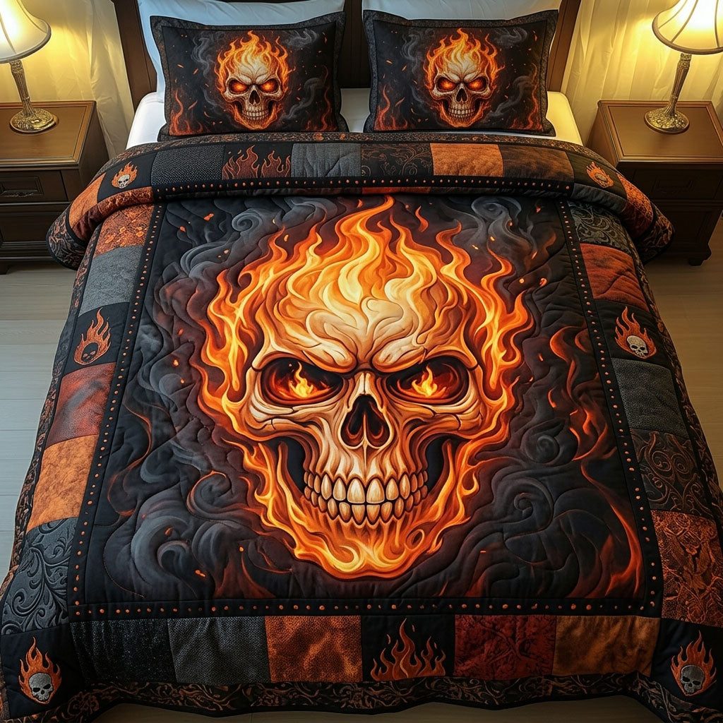 Fiery Skull quilted 3-piece bedding set on a made bed against a dark styled interior