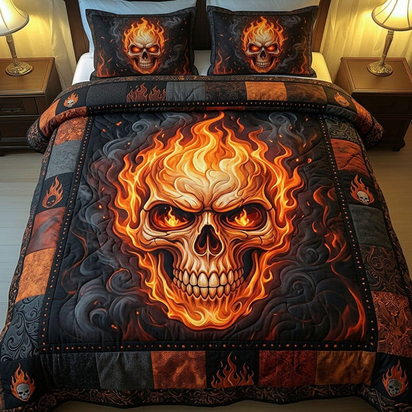 Fiery Skull quilted 3-piece bedding set on a made bed against a dark styled interior
