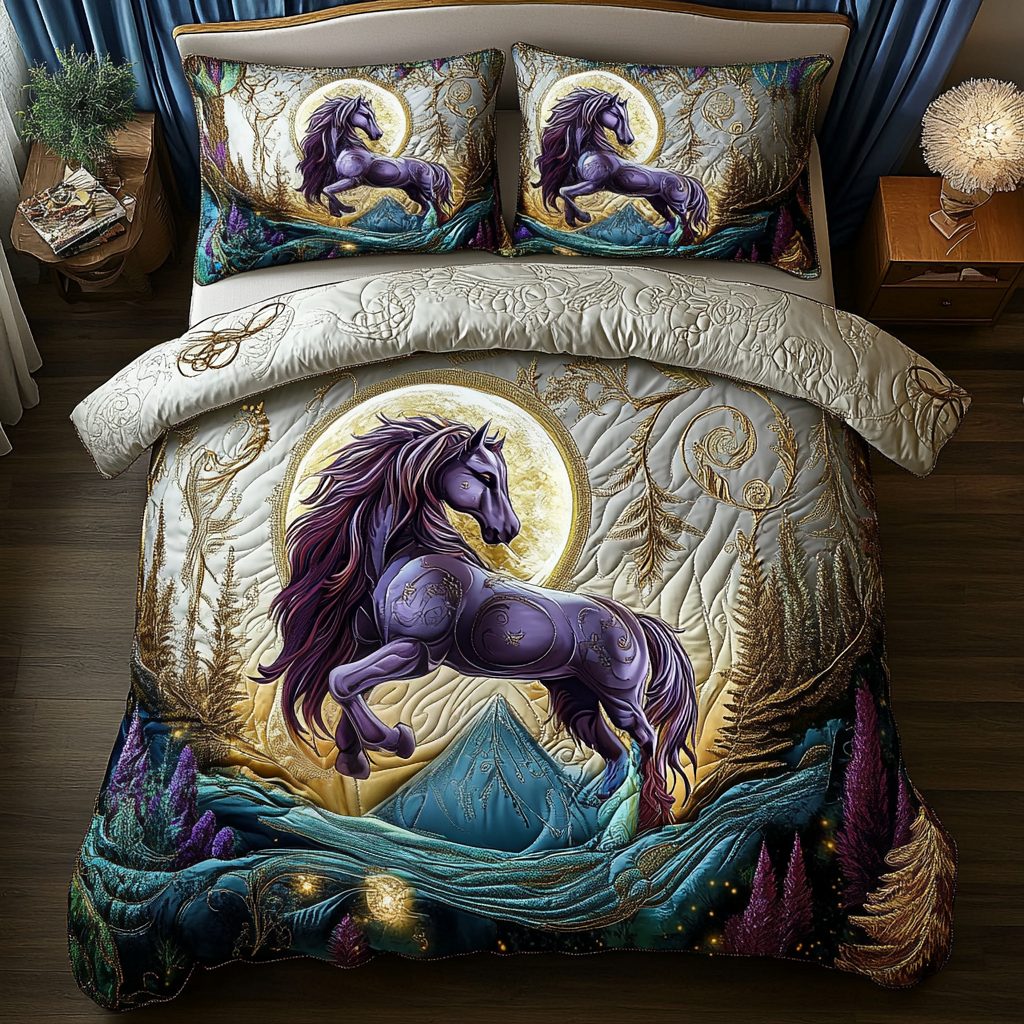 Fiery Stallion quilted 3-piece bedding set on a made bed in a rustic timber bedroom