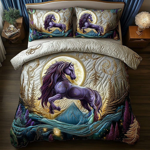 Fiery Stallion quilted 3-piece bedding set on a made bed in a rustic timber bedroom