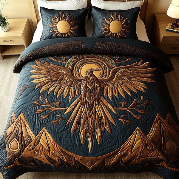 Fiery Wings quilted 3-piece bedding set on a made bed with two matching pillow shams