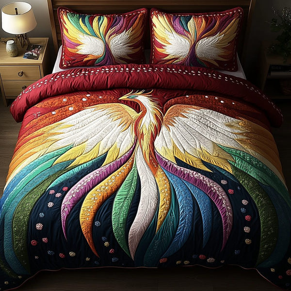 Fiery Wings quilted 3-piece bedding set on a made bed with two matching pillow shams
