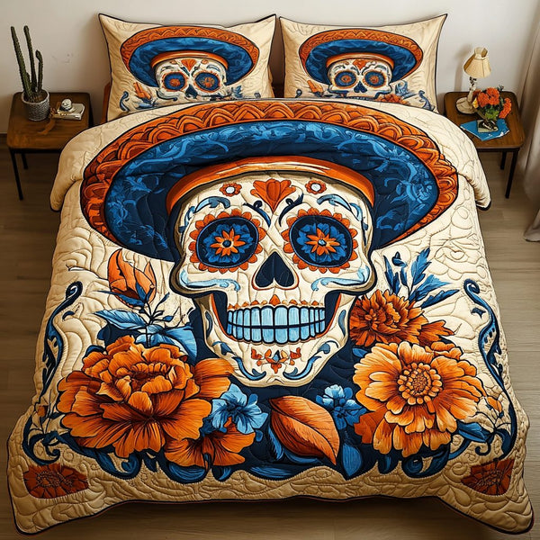Fiesta Dreams quilted 3-piece bedding set on a made bed with two matching pillow shams