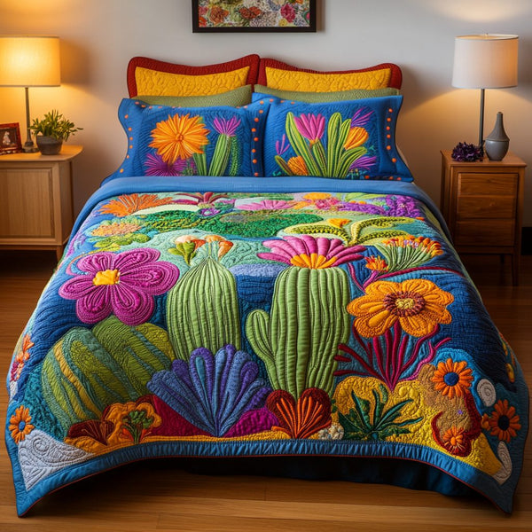 Fiesta Flora quilted 3-piece bedding set on a made bed with two matching pillow shams