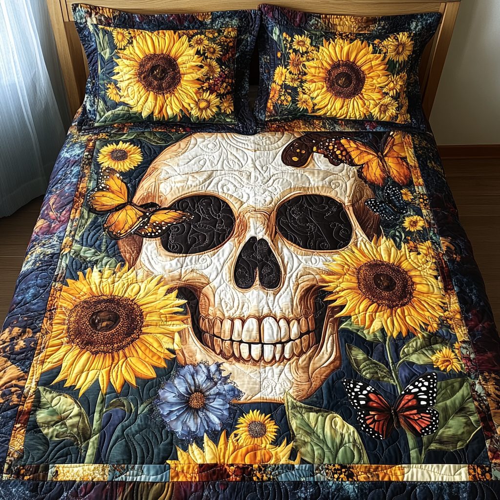 Fiesta Skull Vibes quilted 3-piece bedding set on a made bed against a dark styled interior