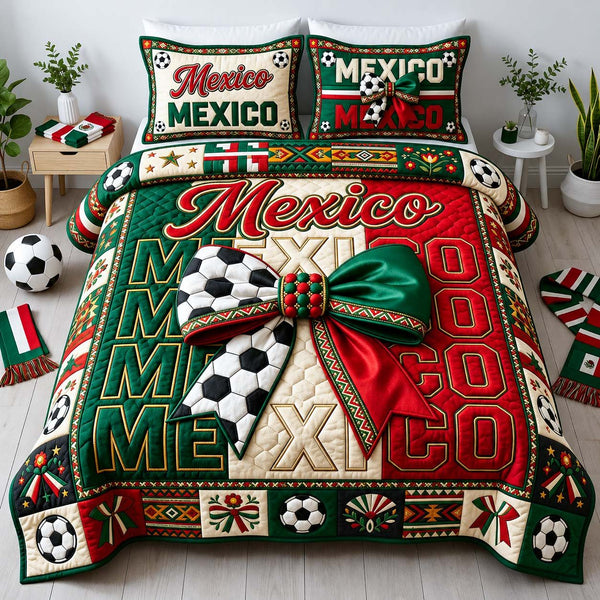 Fiesta Soccer Bow quilted 3-piece bedding set on a made bed with two matching pillow shams