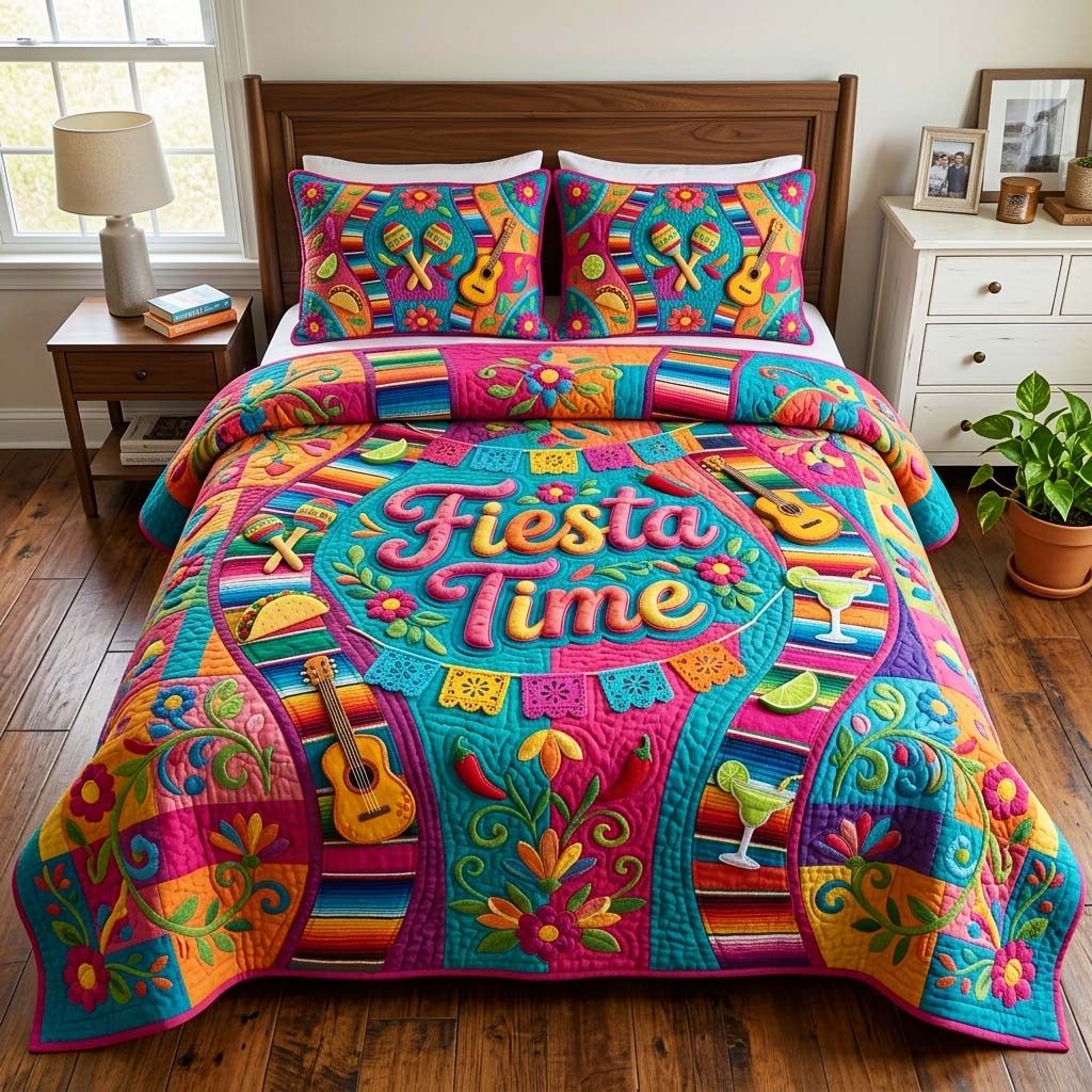 Fiesta Time quilted 3-piece bedding set on a made bed with two matching pillow shams