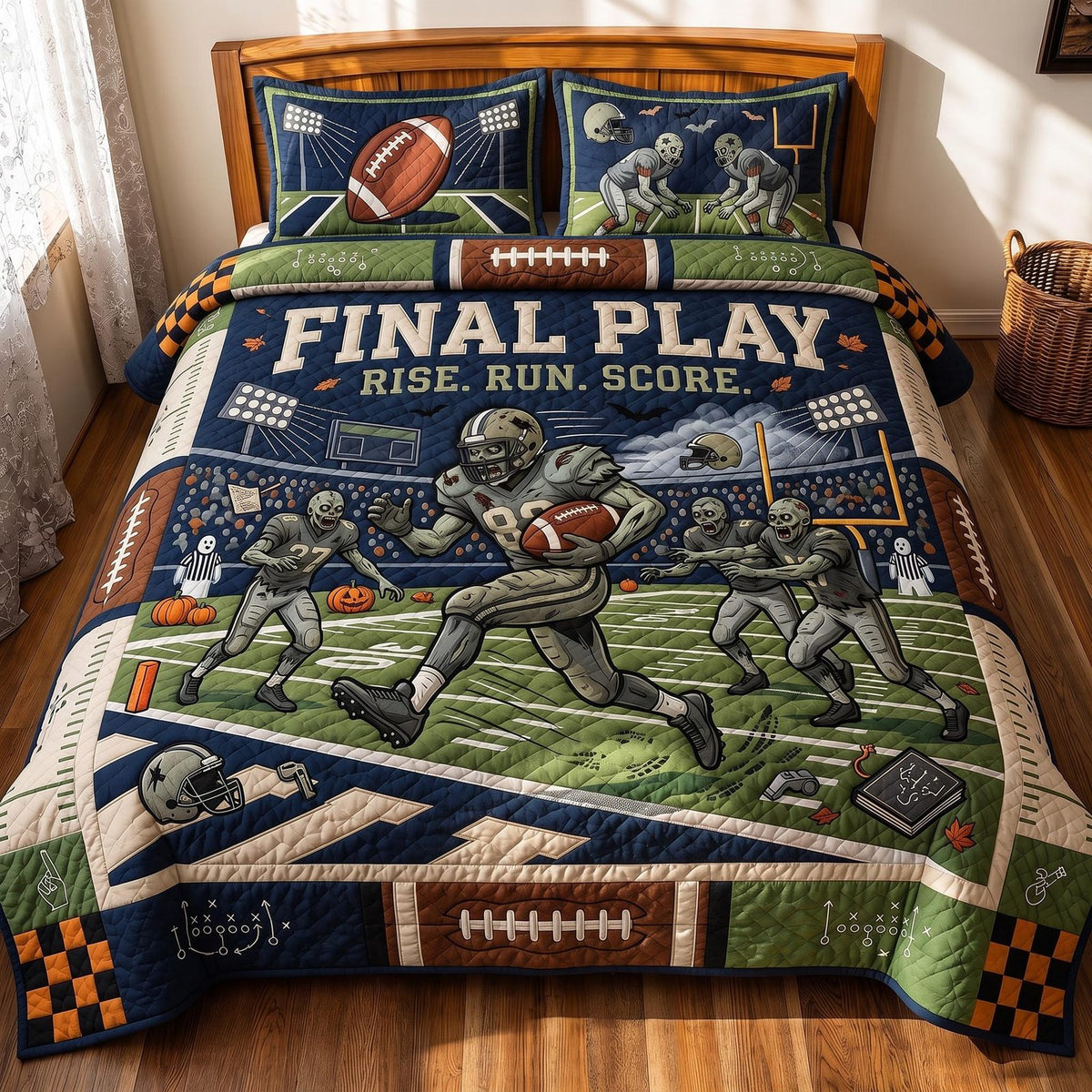 Final Play quilted 3-piece bedding set on a made bed with two matching pillow shams