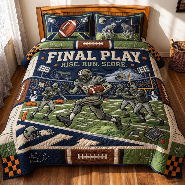 Final Play quilted 3-piece bedding set on a made bed with two matching pillow shams