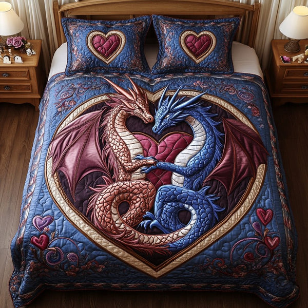 Fire and Ice quilted 3-piece bedding set on a made bed with two matching pillow shams