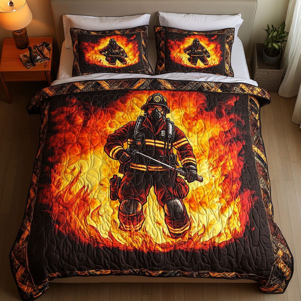 Fire Battle Gear quilted 3-piece bedding set on a made bed with two matching pillow shams
