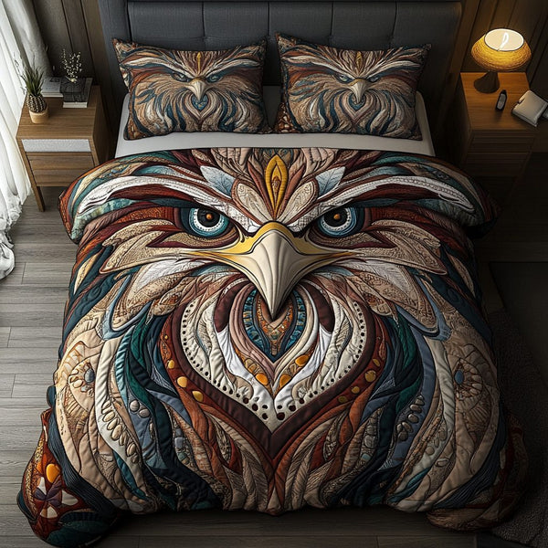 Fire Eagle quilted 3-piece bedding set on a made bed in a warmly lit bedroom