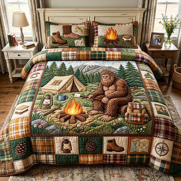 Fire Rest quilted 3-piece bedding set on a made bed with two matching pillow shams